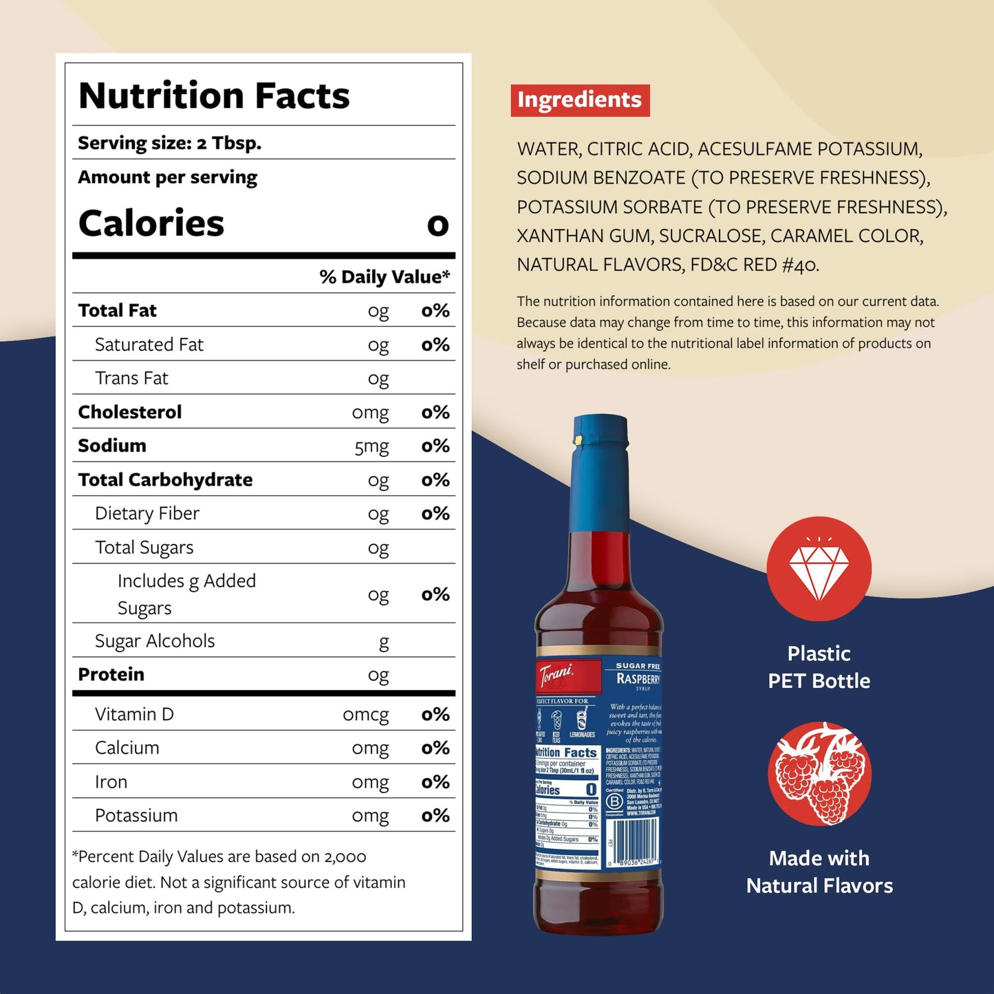 Torani Sugar Free Syrup, Raspberry Flavored Syrup For Drinks, Zero Calorie, Pump Included, 25.4 Fl Oz