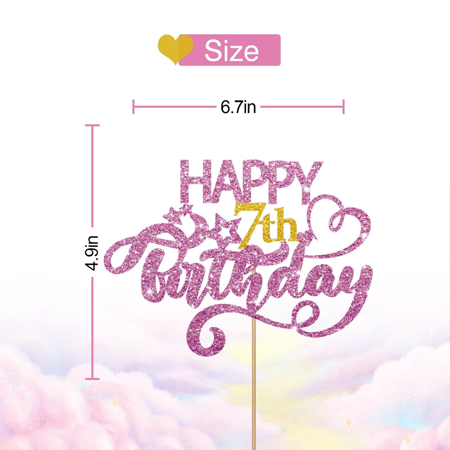 Pink Glitter Happy 7Th Birthday Cake Topper, Seven Years Old Birthday Party Cake Decor, Gold Number 7 Birthday Party Supplies De