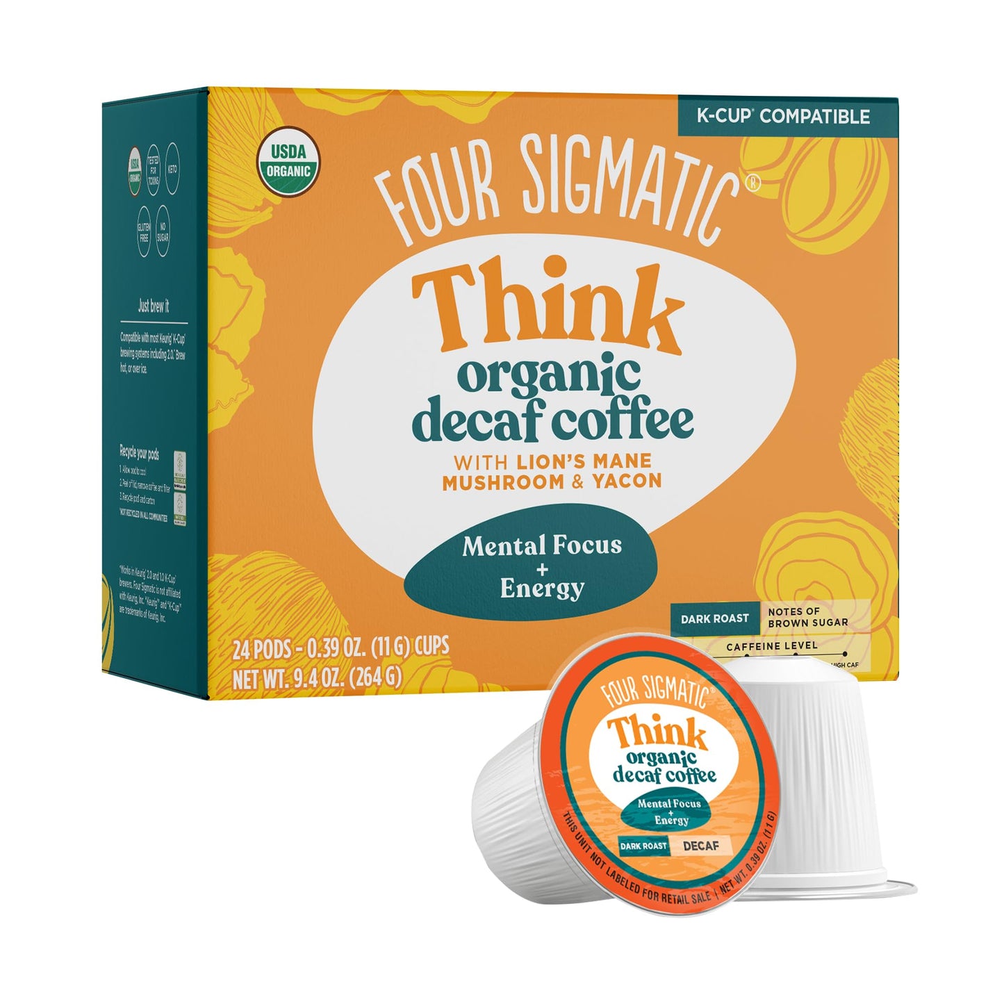 Four Sigmatic Decaf Mushroom Coffee K-Cups | Organic And Fair Trade Dark Roast Coffee With Lions Mane & Yacon | Focus & Immune S
