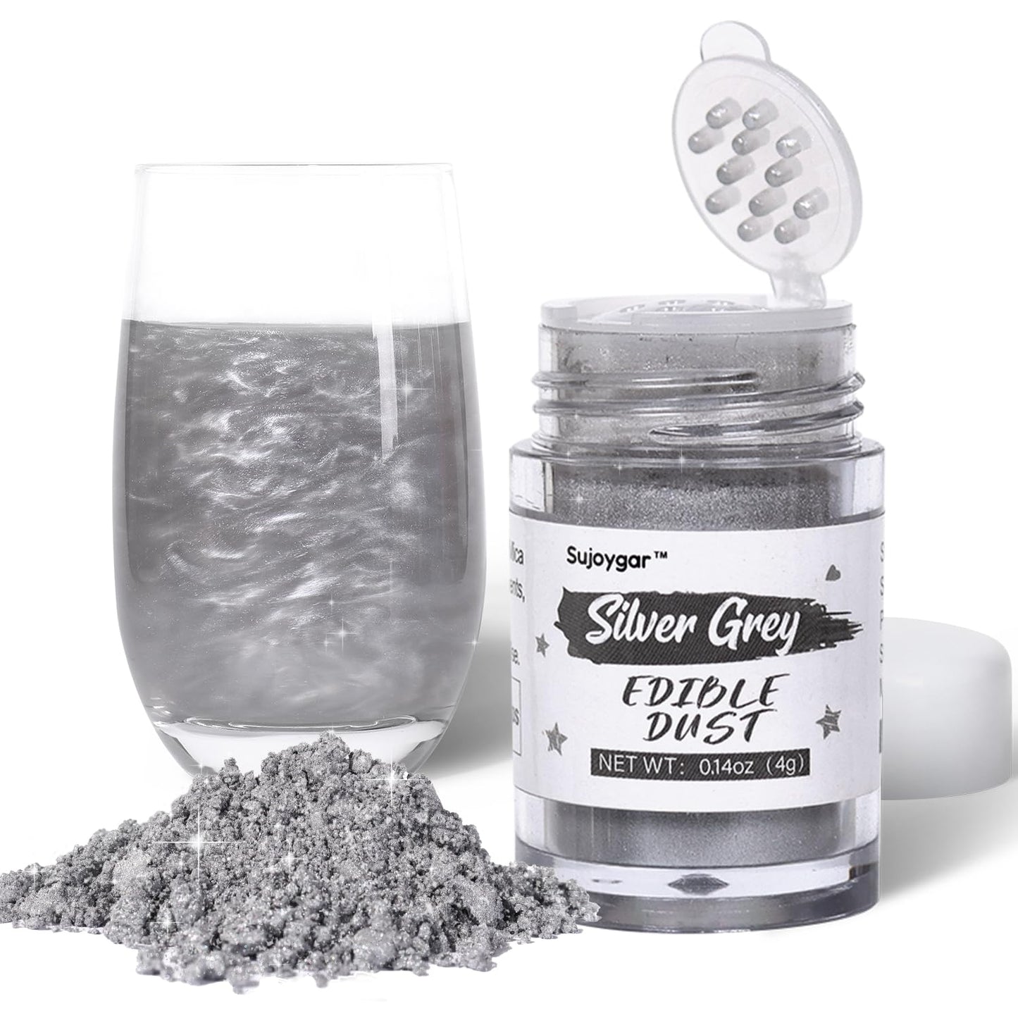 Sujoygar Silver Edible Glitter for Cocktails, 4g Food Grade Shimmer Powder, Baking, Cake, Cupcake, Vodka, Chocolate, Wine