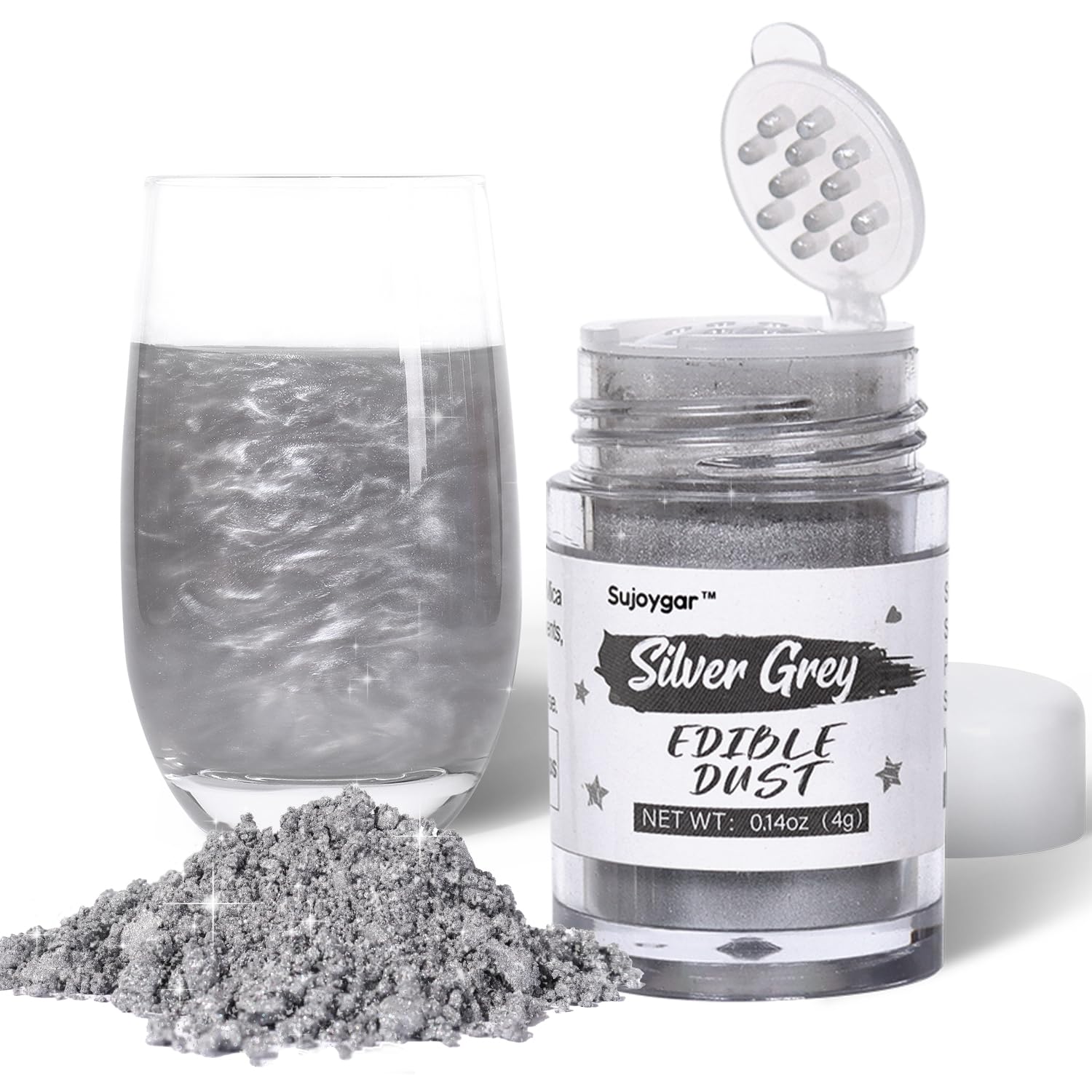 Sujoygar Silver Edible Glitter for Cocktails, 4g Food Grade Shimmer Powder, Baking, Cake, Cupcake, Vodka, Chocolate, Wine