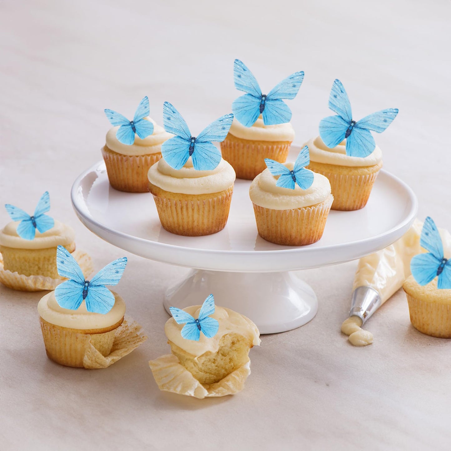Gyufise 72Pcs Edible Butterfly Cupcake Toppers, Blue Rice Paper Decorations for Baby Shower & Kids Birthday Party, 1.8x1.1