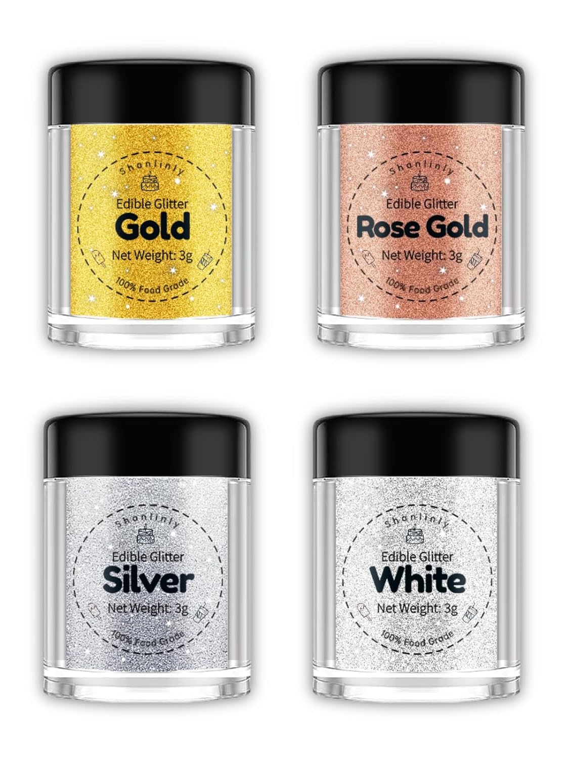 Shanlinly Edible Glitter Set - 4 Colors Food Grade Metallic Sprinkles - Gold, White, Silver, Rose Gold