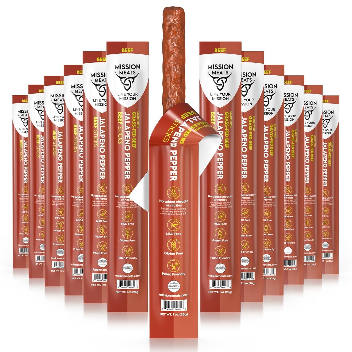 Mission Meats Beef Sticks - 100% Grass Fed & Pasture Raised, Sugar Free, Individually Wrapped Healthy Snacks, Whole 30 & Paleo F