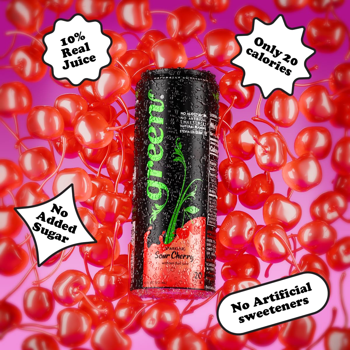 Green Cola Sour Cherry Soda, No Added Sugar, Naturally Sweetened with Stevia, 12 Fl Oz (Pack of 6)