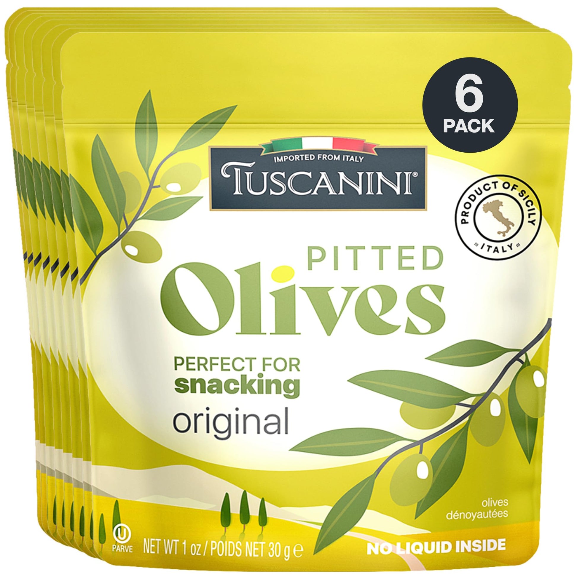 Tuscanini Italian Pitted Olive Snack Packs, 1 oz (6 Pack) | Convenient Olive Pouches for Snacking | No Oil | Gluten Free, Vegan,