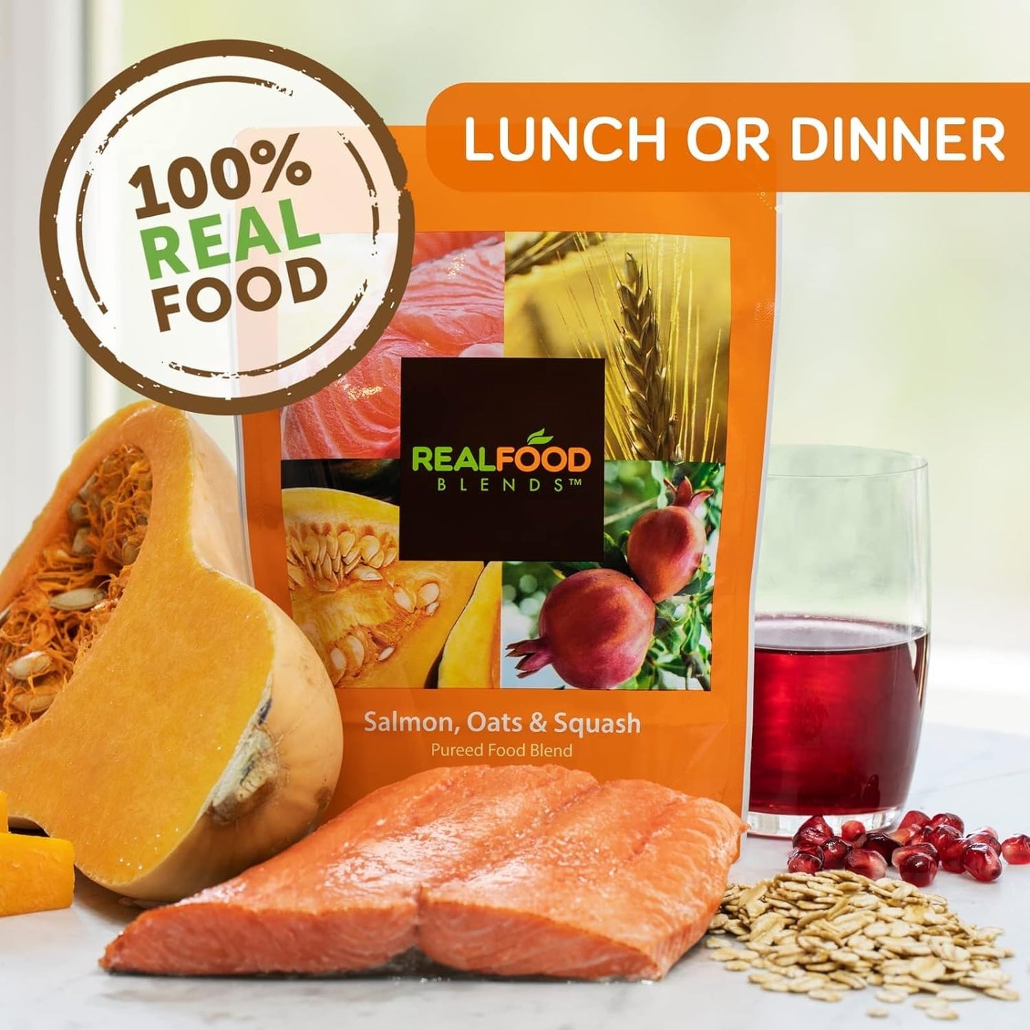 Real Food Blends Salmon, Oats & Squash - Pureed Food Meal for Feeding Tubes, 9.4 oz Pouch (Pack of 12 Pouches)