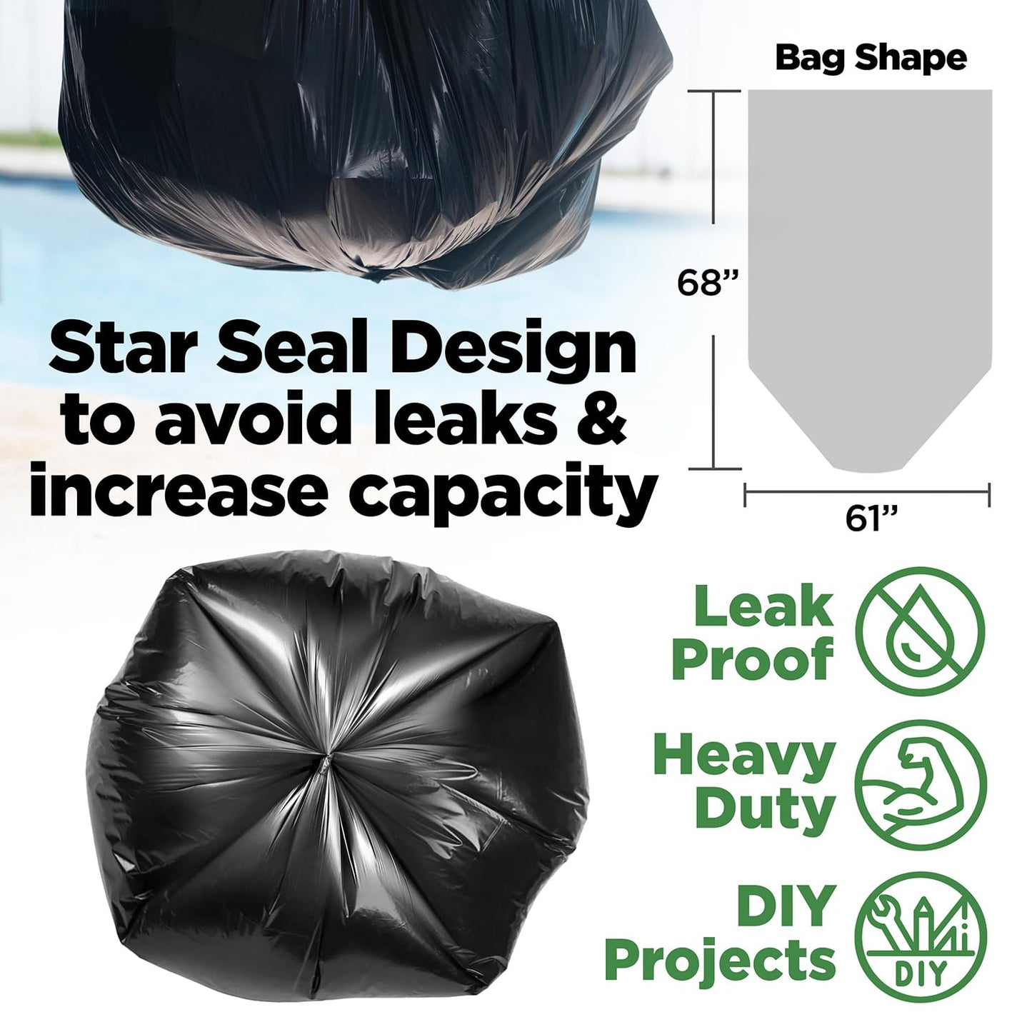 95-96 Gallon Extra-Large Trash Bags, 61X68 Black Garbage Bags, 1.2 Mil Thick (50 Count), Heavy-Duty Outdoor 95 Gallon Trash Bags