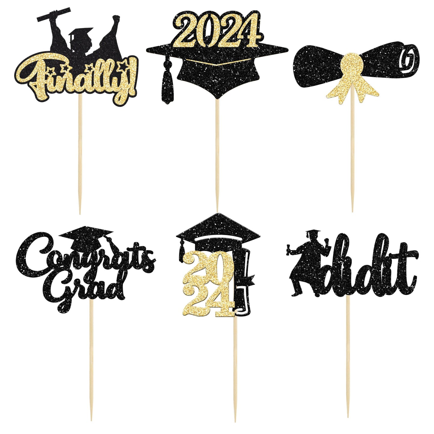 Gyufise 24Pcs Black Gold Glitter 2024 Graduation Theme Cupcake Toppers Glitter Class Of 2024 Diploma Finally I Did It Congrats G
