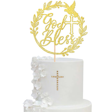 1 PCS God Bless Cake Topper with Dove Cross Glitter Christening First Communion Cake Pick for Celebration Religious Baptism Baby