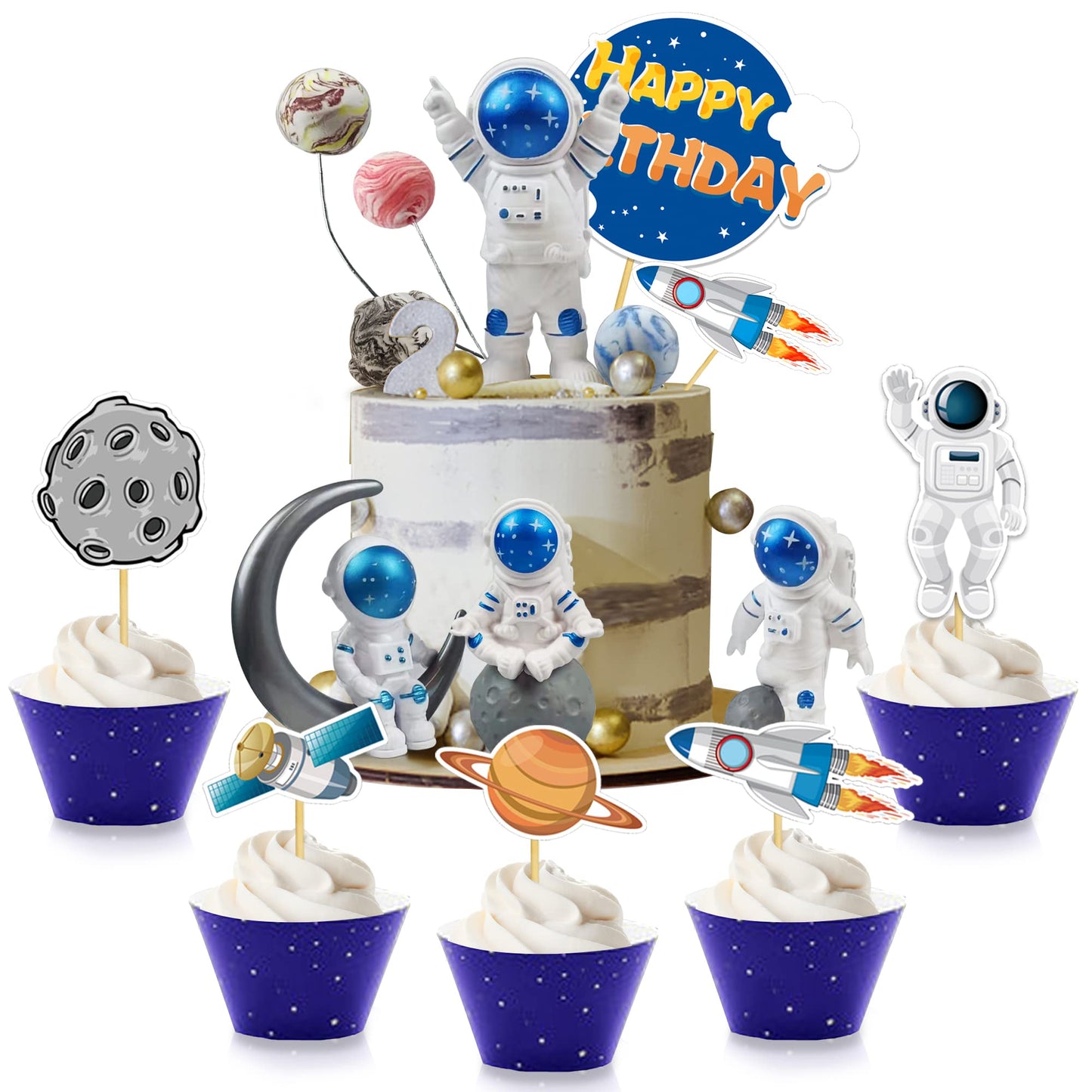Astronaut Figurines Space Cake Toppers Astronaut Planet Rocket Satellite And Star Space Diy Cake Toppers For Space Theme Party B