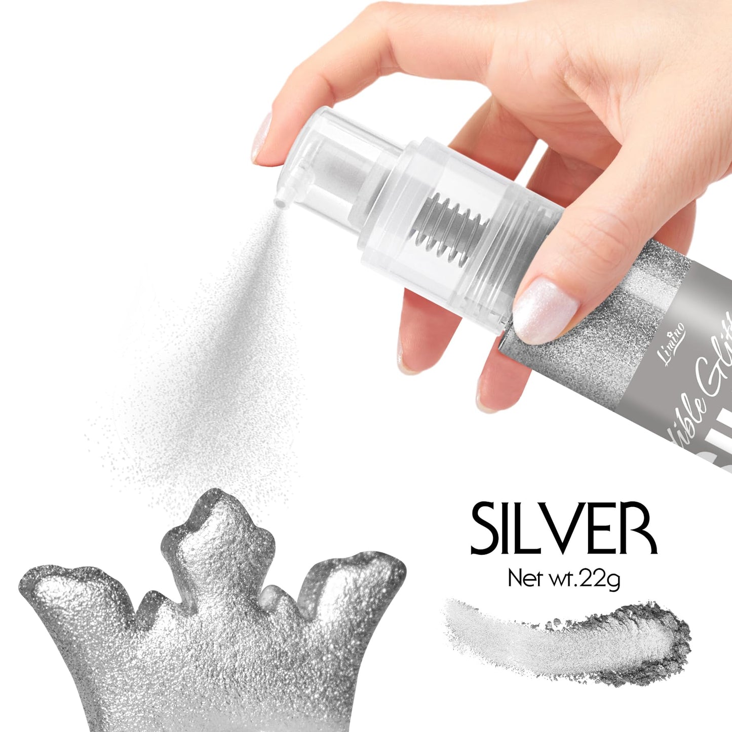 Limino Edible Glitter Spray - 22g Metallic Food Grade Shimmer Glitter for Cake Decorating, Icing, Candy - Silver