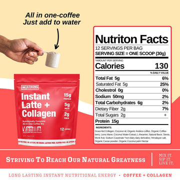 Strong Coffee Company, Morning Fix, Instant Vanilla Latte - 12 Single Serving Packs, 15G Protein, Instant Protein Coffee With Co