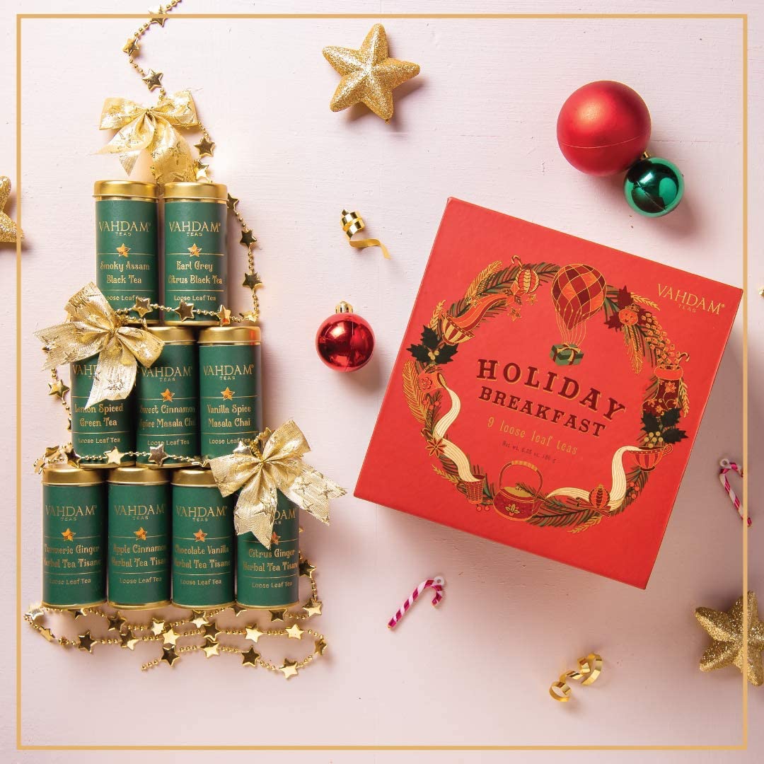 Vahdam, Christmas Tea Gift Set - Holiday Breakfast Tea, 9 Tea Blends In Luxury Gift Box | Christmas Gifts For Women & Men, Holiday Tea Gift Box | Christmas Gifts Idea | 180Gm
