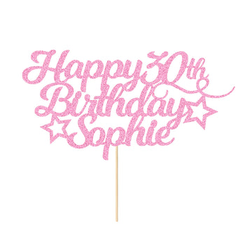 Personalized Happy Birthday Cake Topper Customized With Any Age Name Party Cake Decoration 16 18 21 40 60 Double Sided Glitter Card Baby Pink