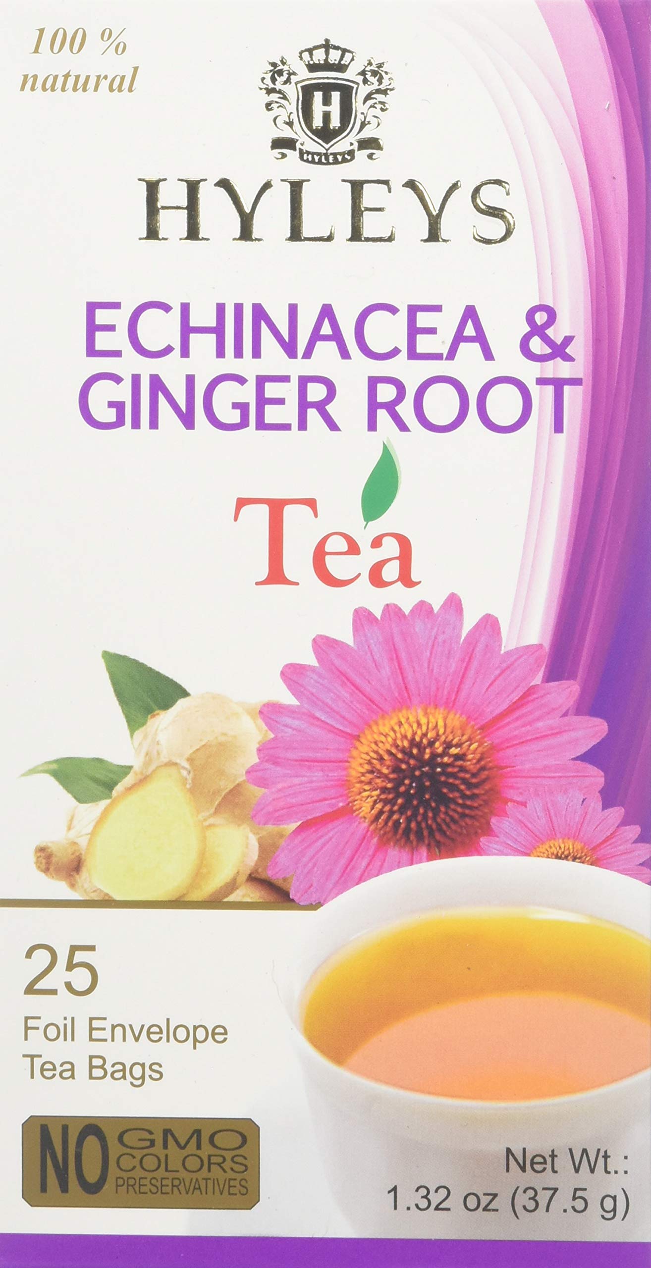12 Pack of Hyleys Wellness Natural Echinacea & Ginger Root Green Tea - 25 Tea Bags - (100% Natural, Sugar Free, Gluten Free and 