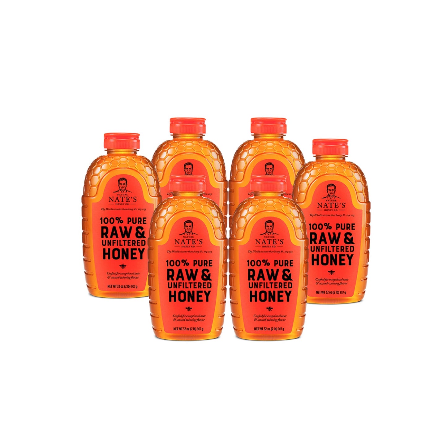 Nature Nates 100% Pure Raw Unfiltered Honey, 32oz Squeeze Bottle, Pack of 6, Natural