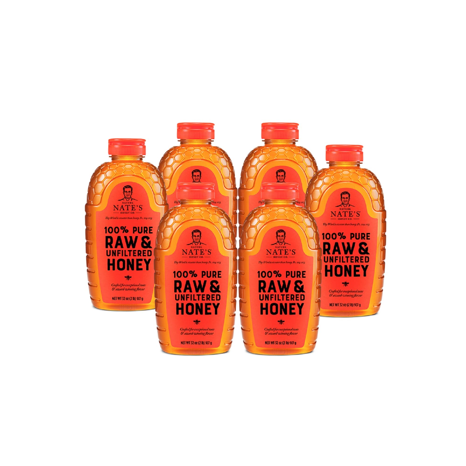 Nature Nates 100% Pure Raw Unfiltered Honey, 32oz Squeeze Bottle, Pack of 6, Natural