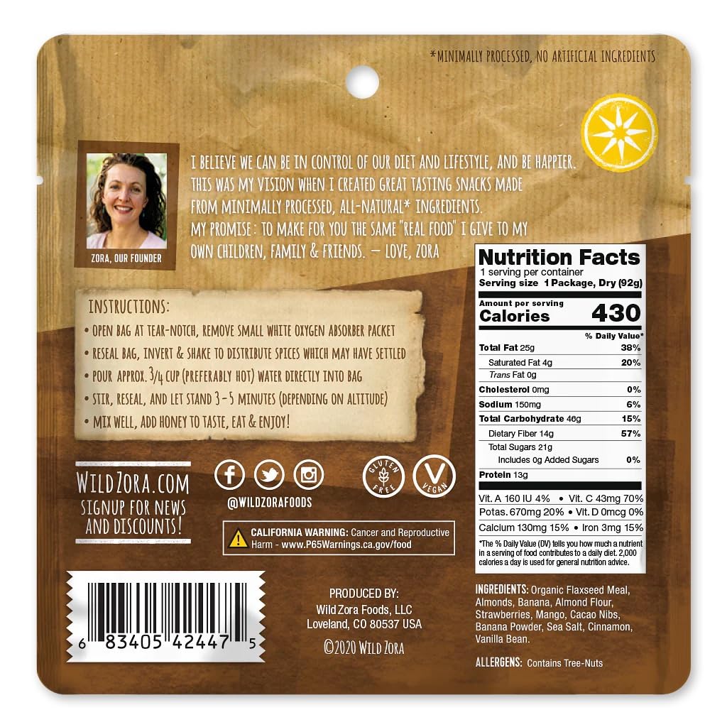 Wild Zora Paleo Freeze Dried Breakfast Meals, 6 Pack, Gluten Free Camping And Backpacking Food, No Added Sugar, Healthy On-The-Go Travel Meal, Coconut Berry, Cacao Banana, And Pineapple Mango Flavors