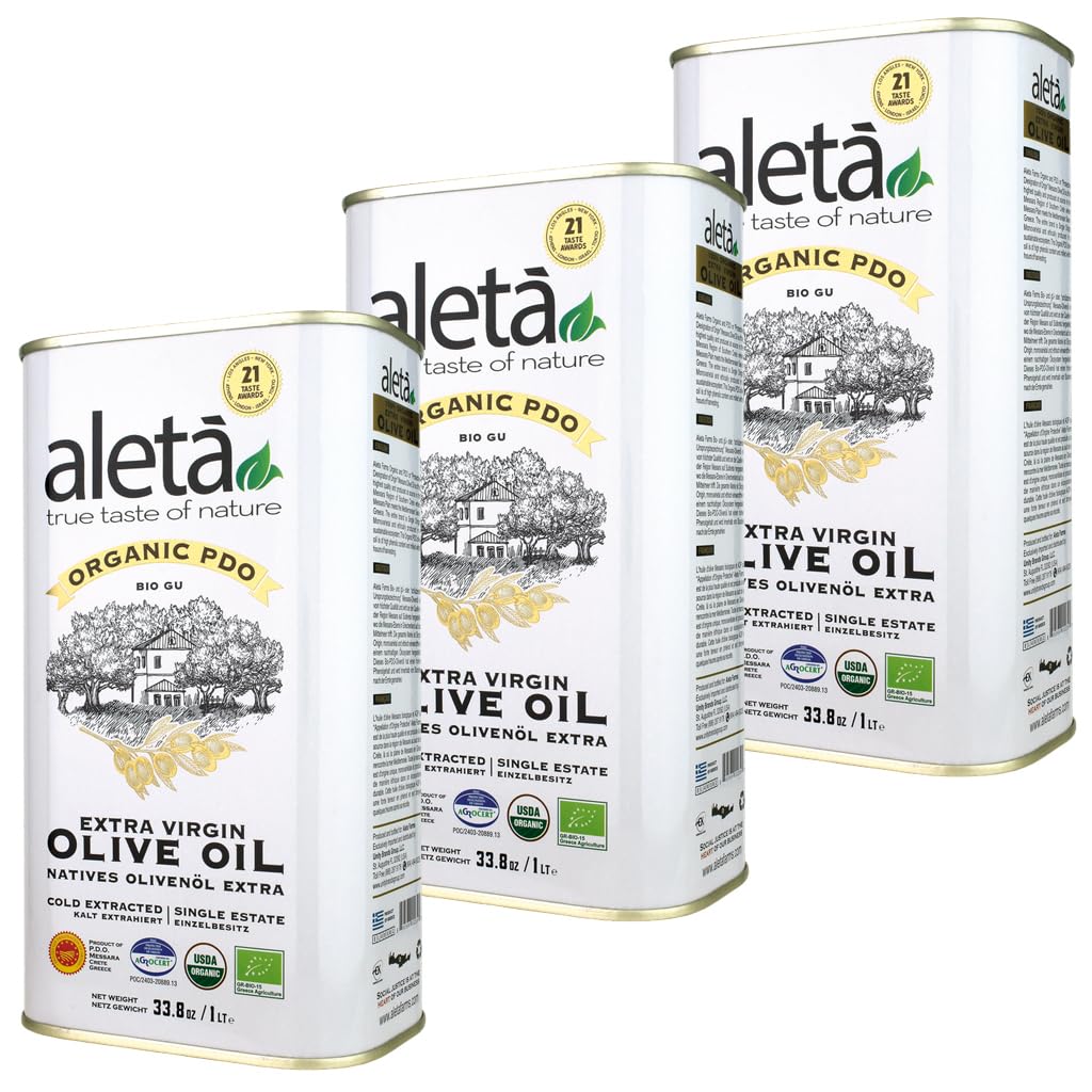 Aleta Farms Extra Virgin Olive Oil, USDA Organic, Cold Pressed, Polyphenol Rich, 33.8 Fl Oz, Pack of 3