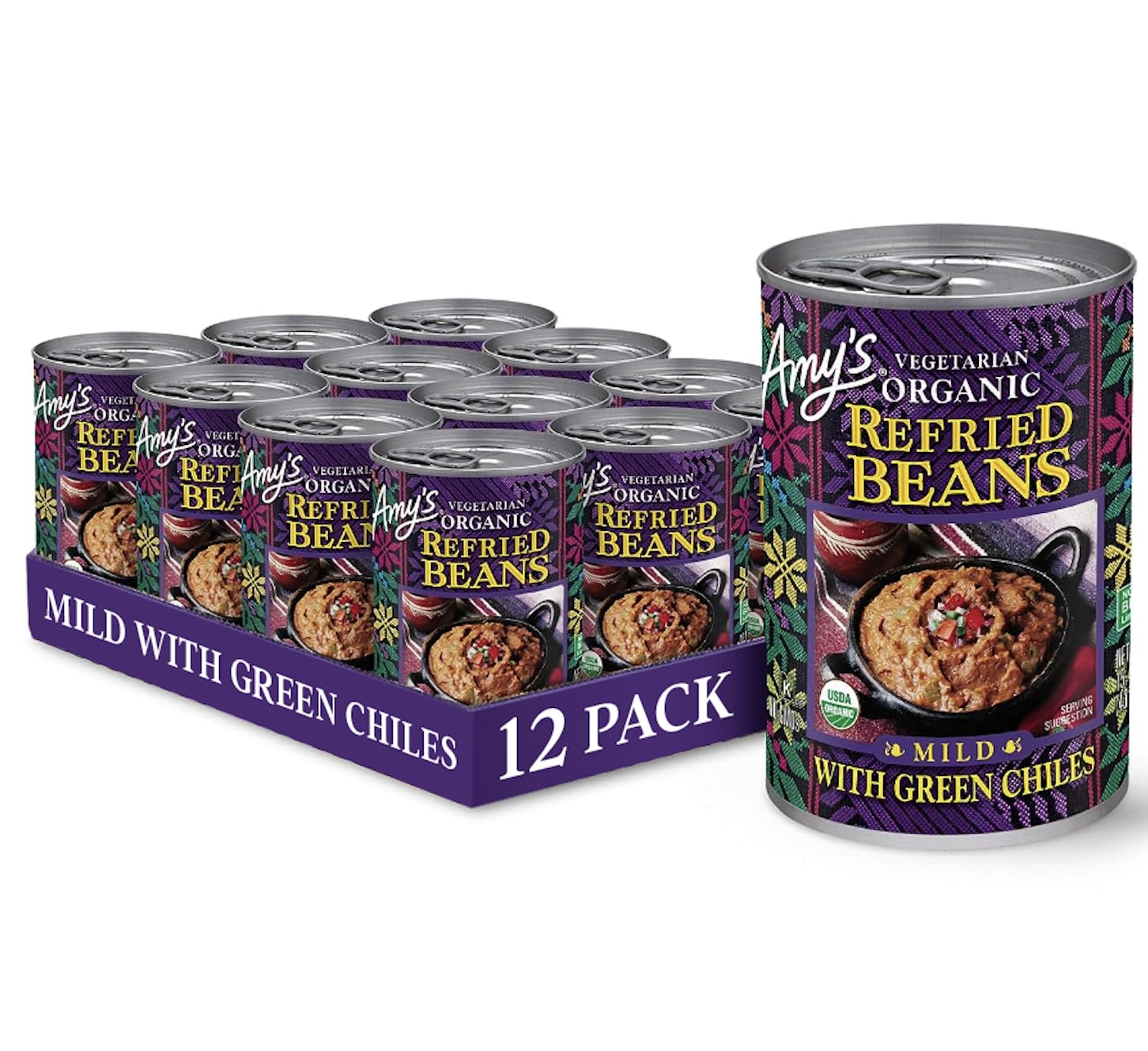 Amy'S Organic Refried Beans Canned, Mild With Green Chiles, Vegan Gluten Free And Vegetarian, 15.4 Oz (12 Pack)