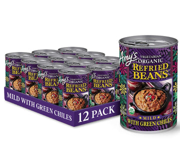 Amy'S Organic Refried Beans Canned, Mild With Green Chiles, Vegan Gluten Free And Vegetarian, 15.4 Oz (12 Pack)