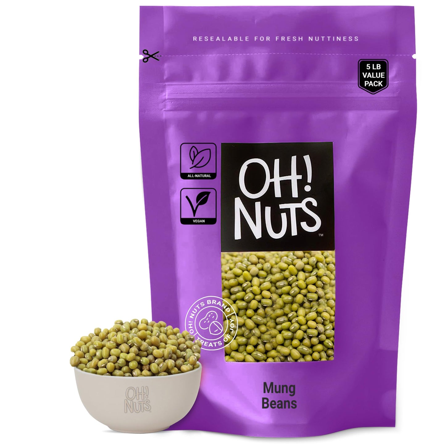 Oh! Nuts Mung Beans 5Lb Bulk Bag - Great Beans For Sprouting Dried Kosher Moong Dal - Vegan  Paleo  Long Lasting Protein Packed Pantry Items - Green Lentils Stay-Fresh Food Pack - Keto Toor Dahl Bean