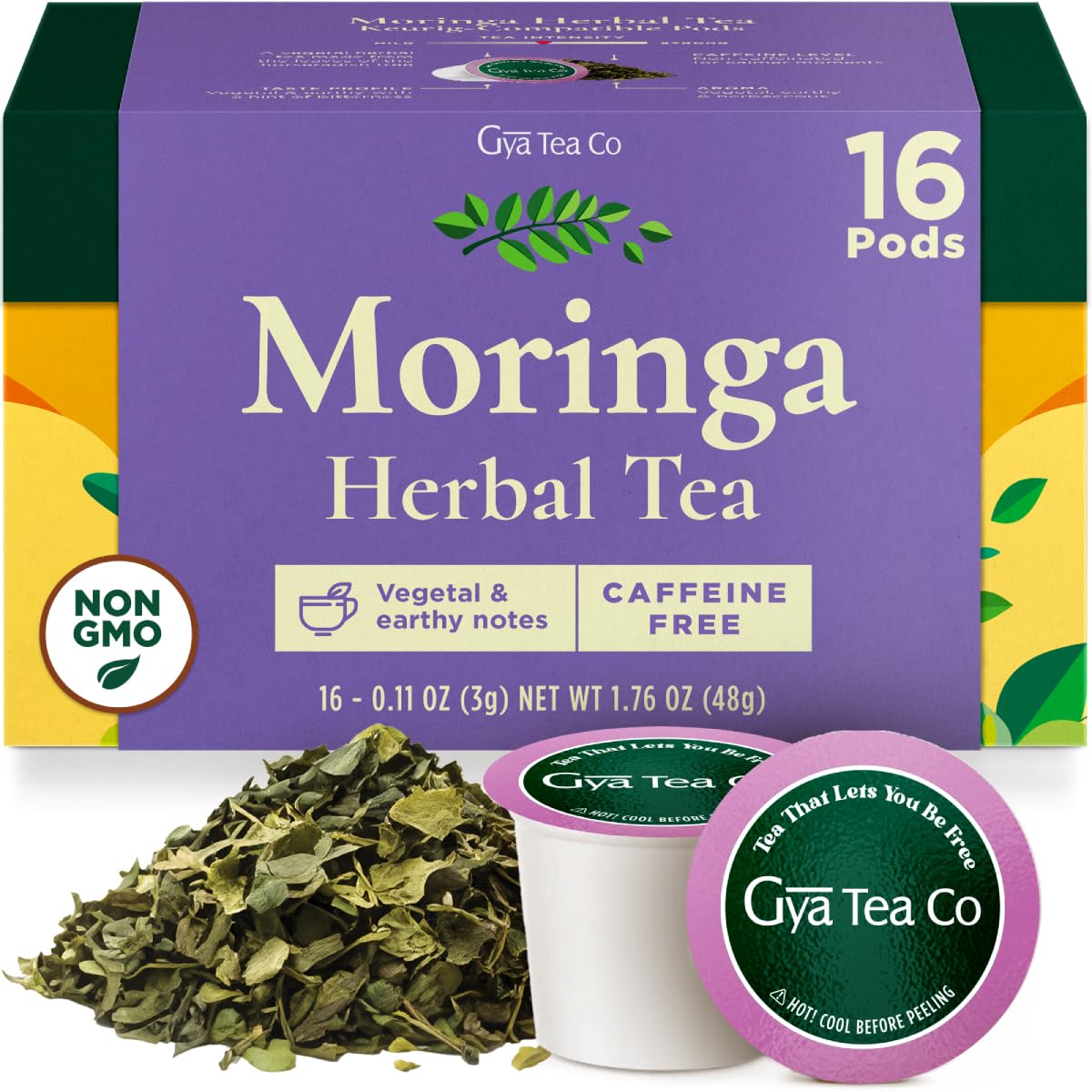 Gya Tea Co Moringa Herbal Tea Pods - Decaf Wellness Tea, 16 Count, for Body Comfort and Relaxation