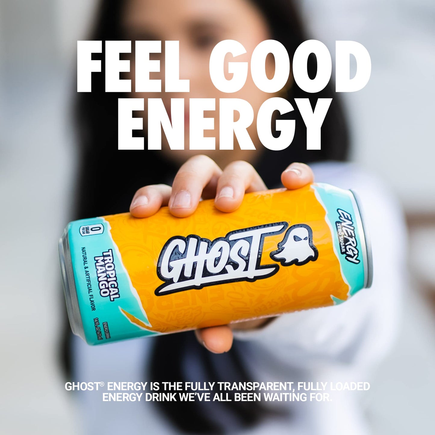 GHOST Energy Drink - 12-Pack  Tropical Mango  16oz Cans - Energy & Focus & No Artificial Colors - 200mg of Natural Caffeine  L-Carnitine & Taurine - Gluten-Free & Vegan
