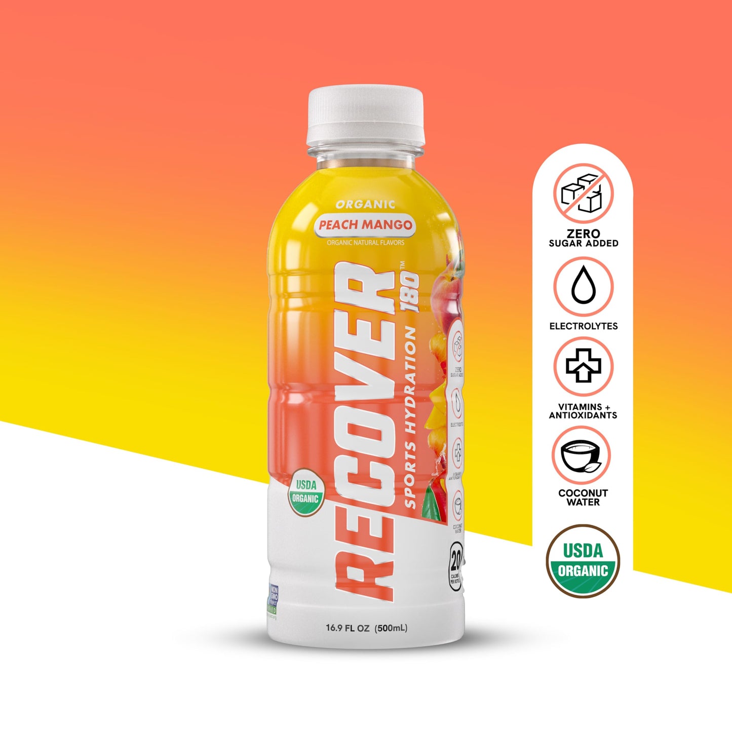 RECOVER 180 Organic Sports Hydration Drink, No Sugar, 15 Calories, Peach Mango, 16.9 Fl Oz (Pack of 12)