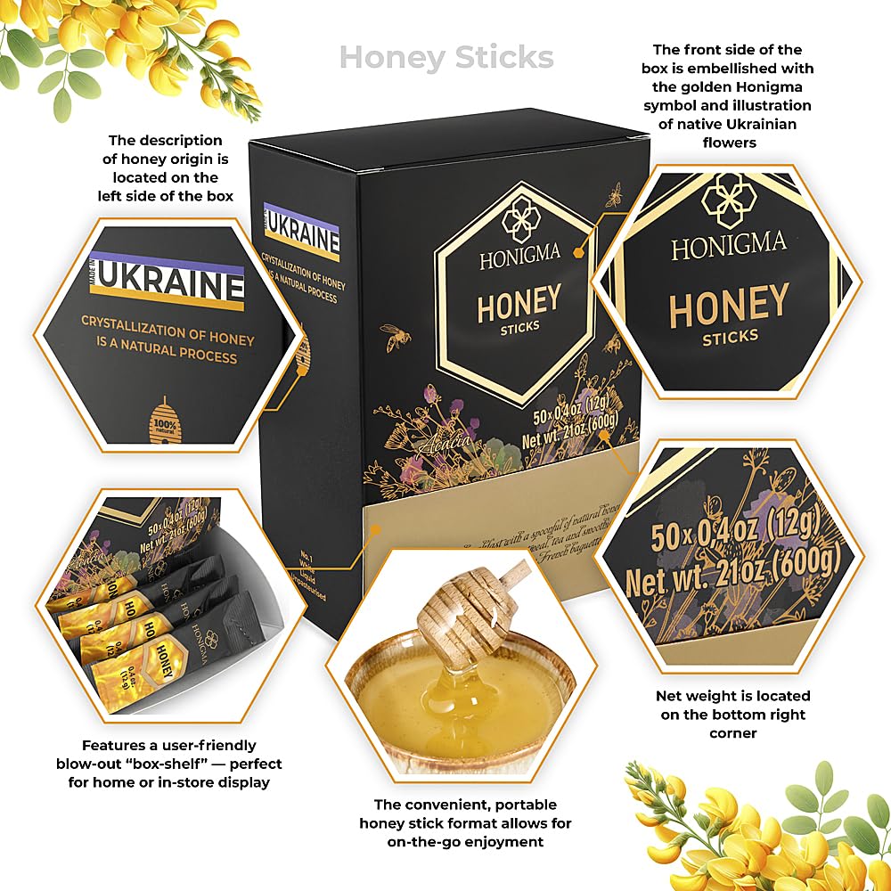 Honigma Deliciously Sweet Acacia Honey Sticks - 50 Count (12G Each) | Pure Ukrainian Honey | Sustainably Sourced | Bursting With
