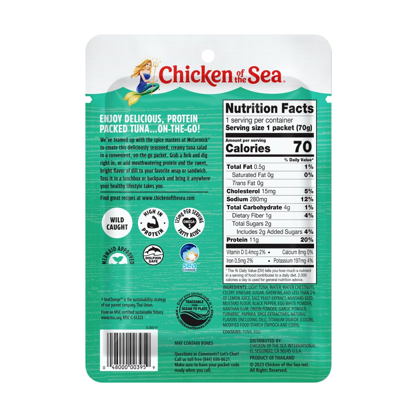 Chicken of the Sea Wild Caught Light Tuna, 2.5 oz. Packets (Box of 12), Lightly Seasoned Dill Tuna Salad