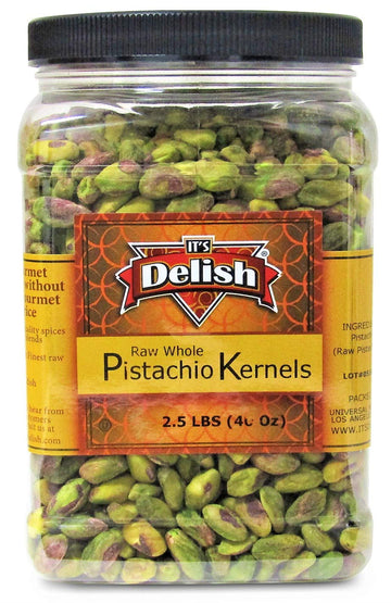 Premium California Raw Shelled Pistachios Kernels By Its Delish, 2.5 Lbs (40 Oz) Jumbo Reusable Container Jar - Bulk Size Tub -