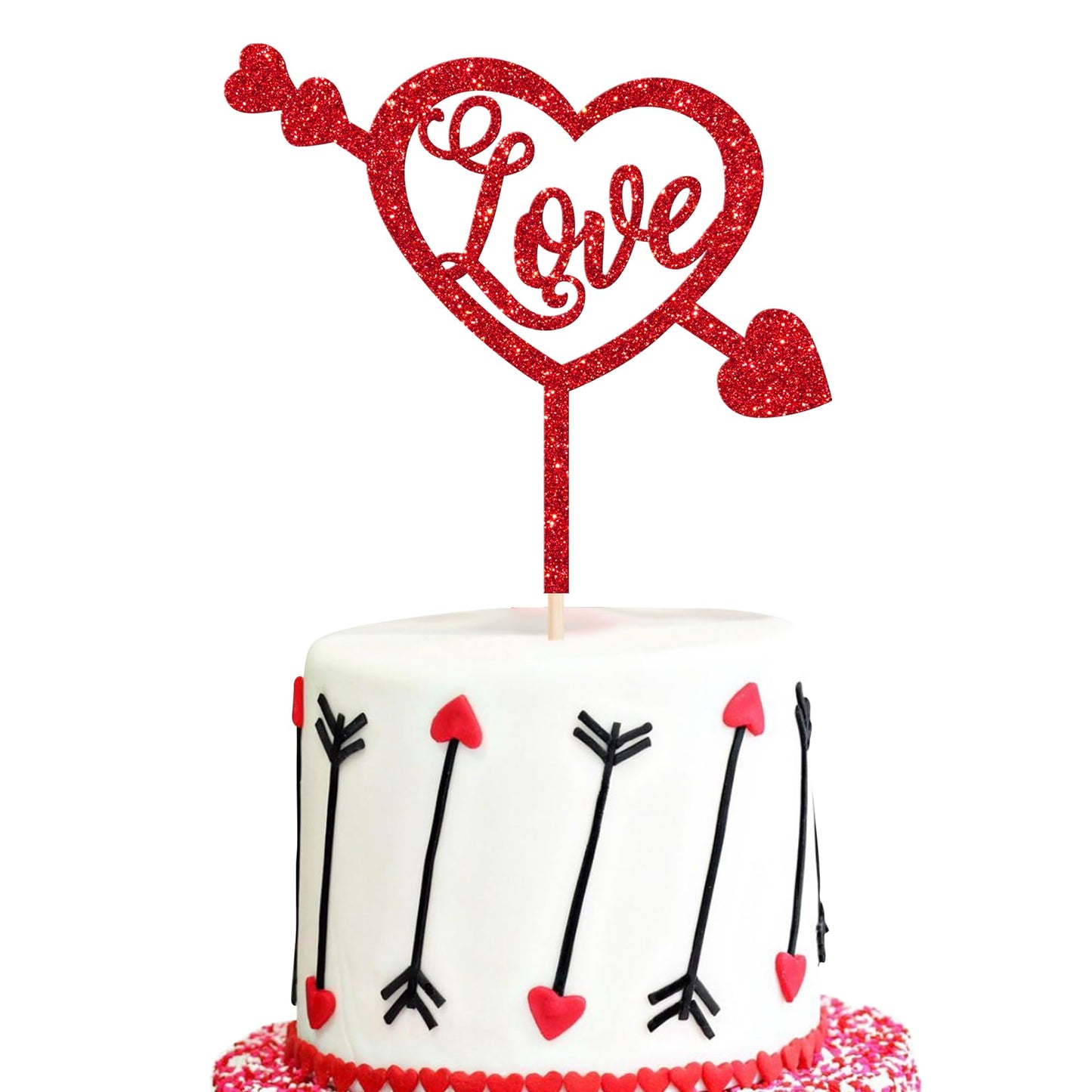 Rsstarxi Valentines Day Heart Cake Toppers, Red Glitter Paper Picks for Weddings, Bridal Showers, Anniversaries, and Parties