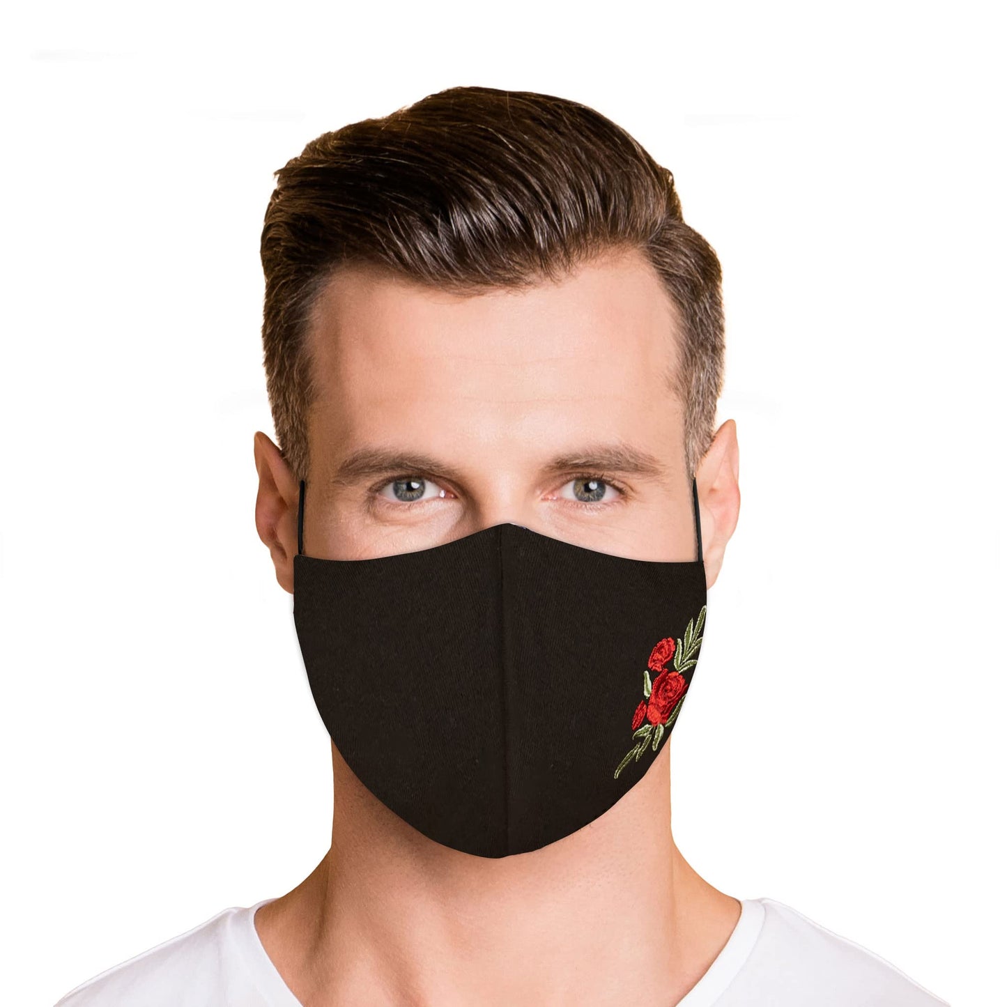 Washable Face Mask With Adjustable Ear Loops & Nose Wire - 3 Layers, Made In Usa (Rose Embroidery)