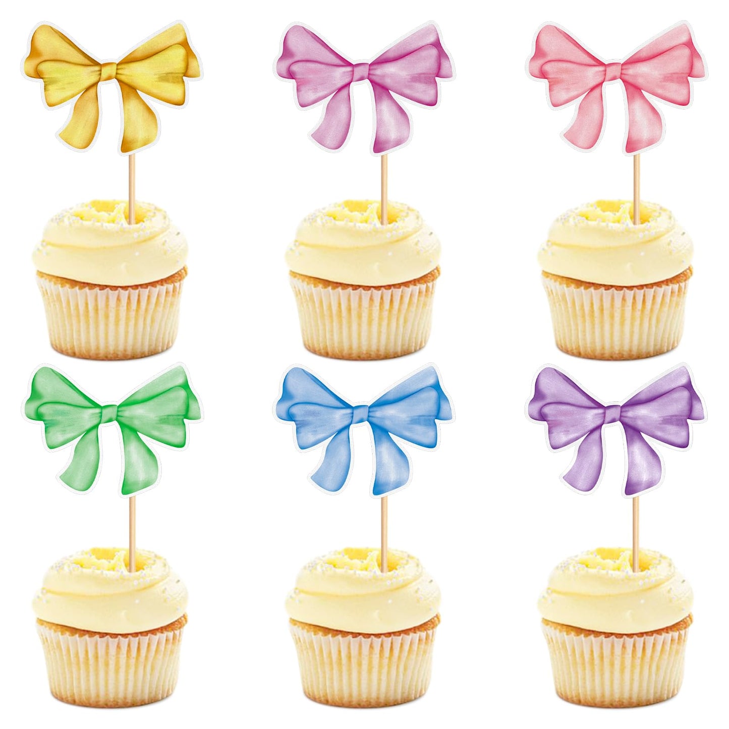 24 Pack Bow Cupcake Toppers Bowknot Pink Purple Blue Yellow Green Mulitycolor Cupcake Picks Bridal Baby Shower Cake Dessert Pick