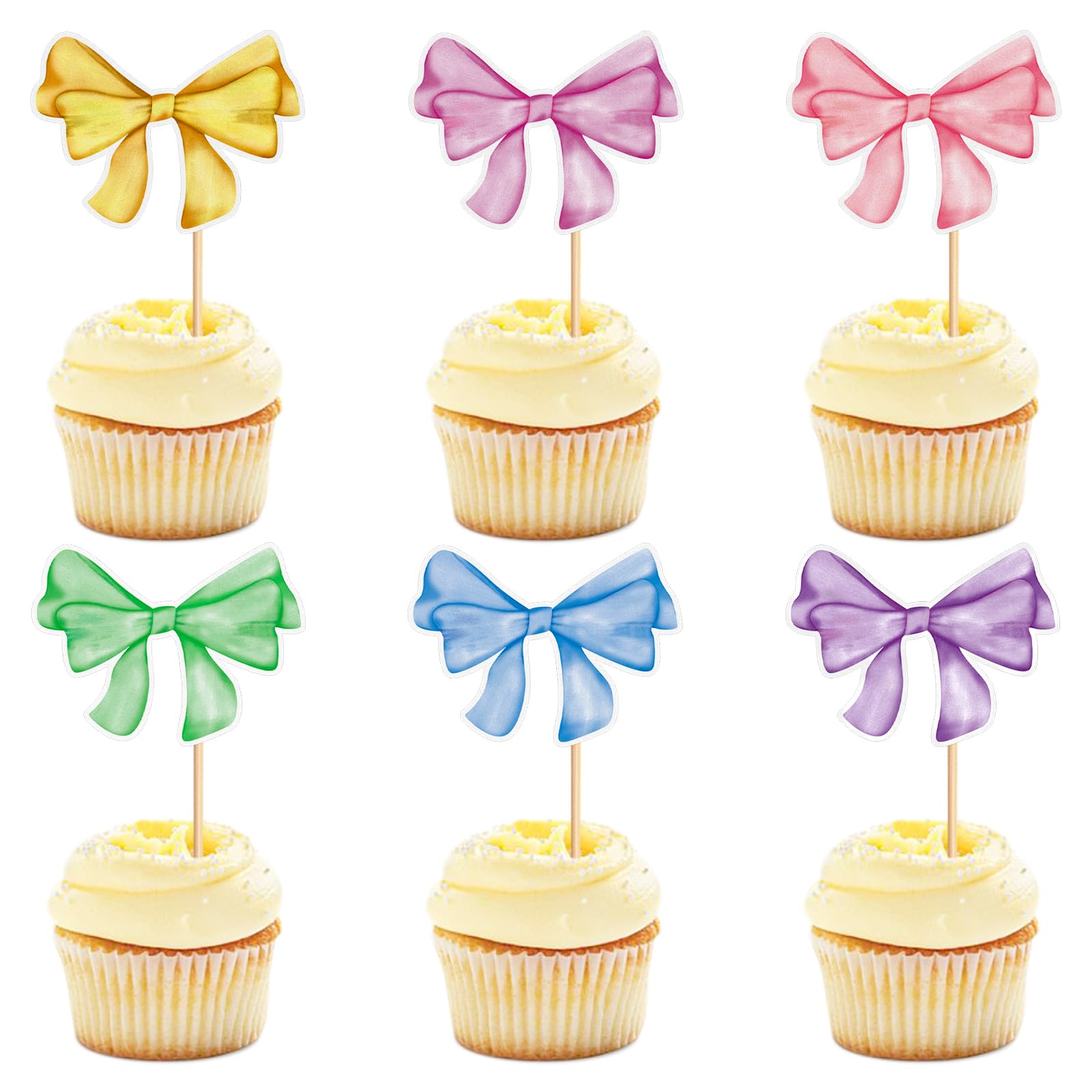 24 Pack Bow Cupcake Toppers Bowknot Pink Purple Blue Yellow Green Mulitycolor Cupcake Picks Bridal Baby Shower Cake Dessert Pick