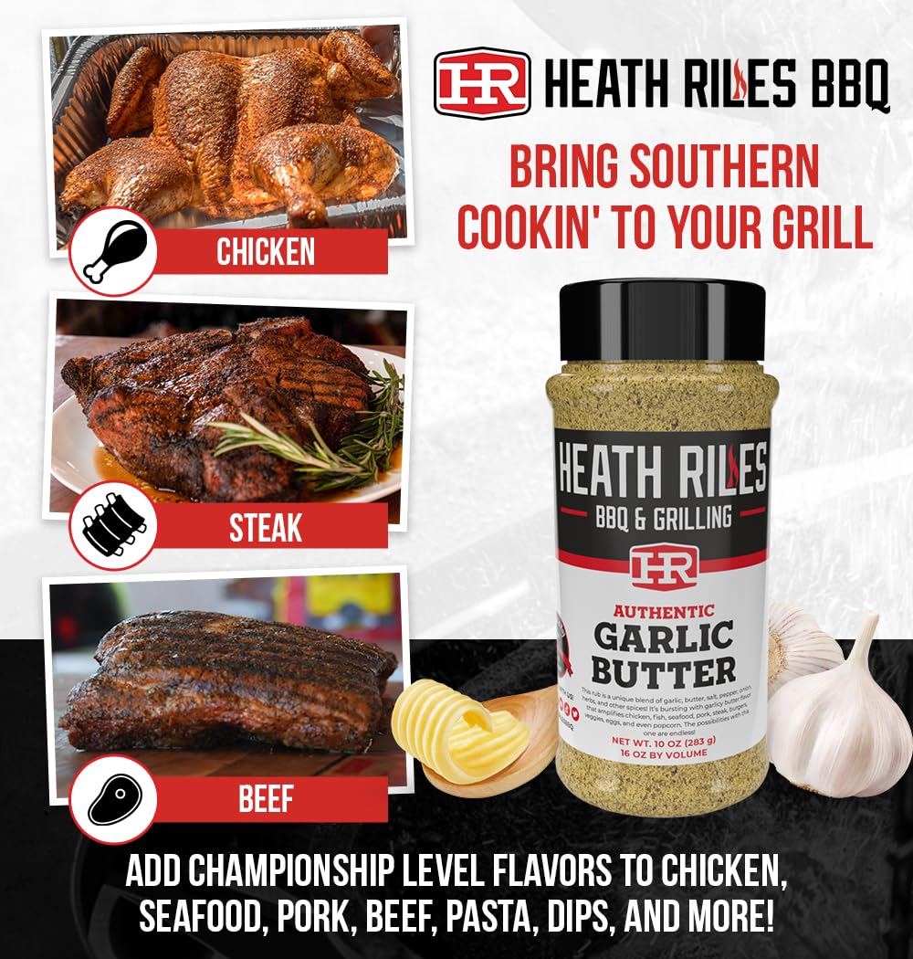 Heath Riles BBQ Rub - Garlic Butter Seasoning, 10 oz, Plastic, Model HRB0050