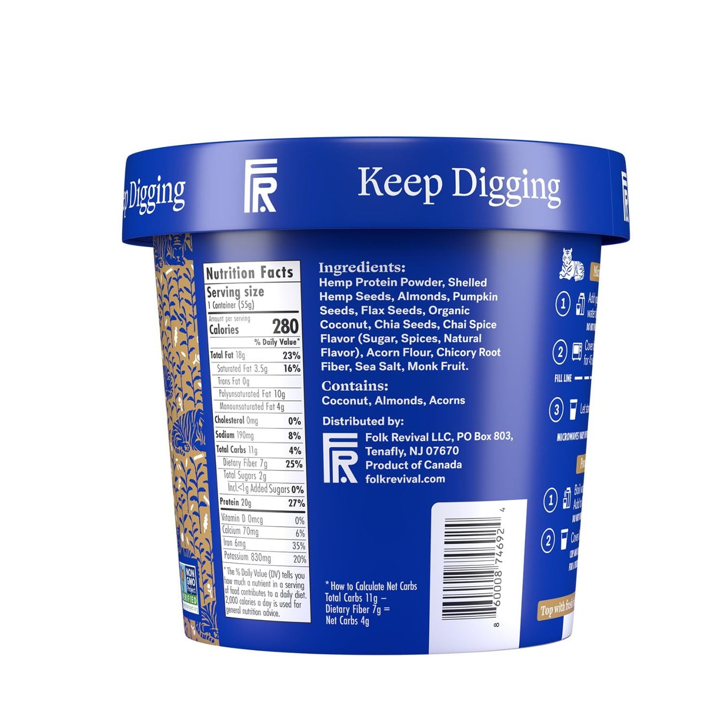 Folk Revival Chai Almond Keto Instant Oatmeal - 20G Protein, 4G Net Carbs, High Fiber, Non Gmo, Gluten Free, Made With Acorns -