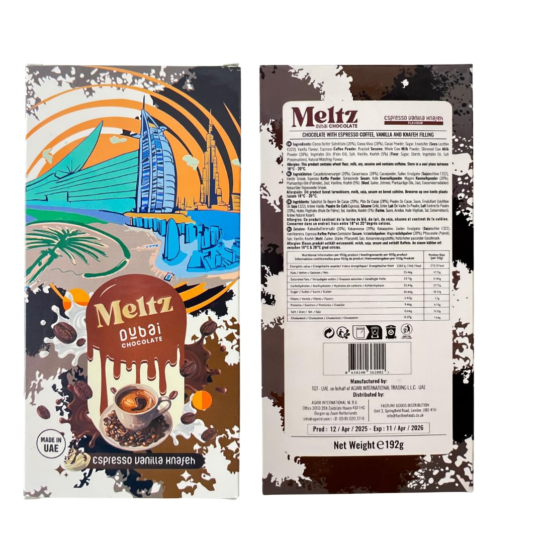 Meltz Chocolate Bar Espresso Vanilla 192g - Filled with Coffee Cream, Rich Milk Chocolate, Individually Wrapped, Brown