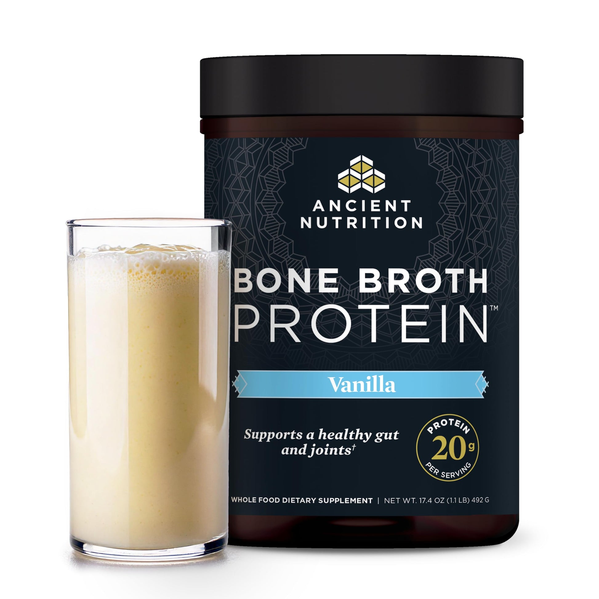 Ancient Nutrition Grass Fed & Cage Free Bone Broth Protein Powder, 20g Protein Per Serving, Hydrolyzed Collagen Peptides, Glucos
