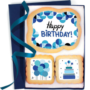 Happy Birthday Cookies Blue Gift Basket For Men And Boys Him Decorated Sugar Cookie Gift Box Mens | Nut Free | 3 Pack | Kosher