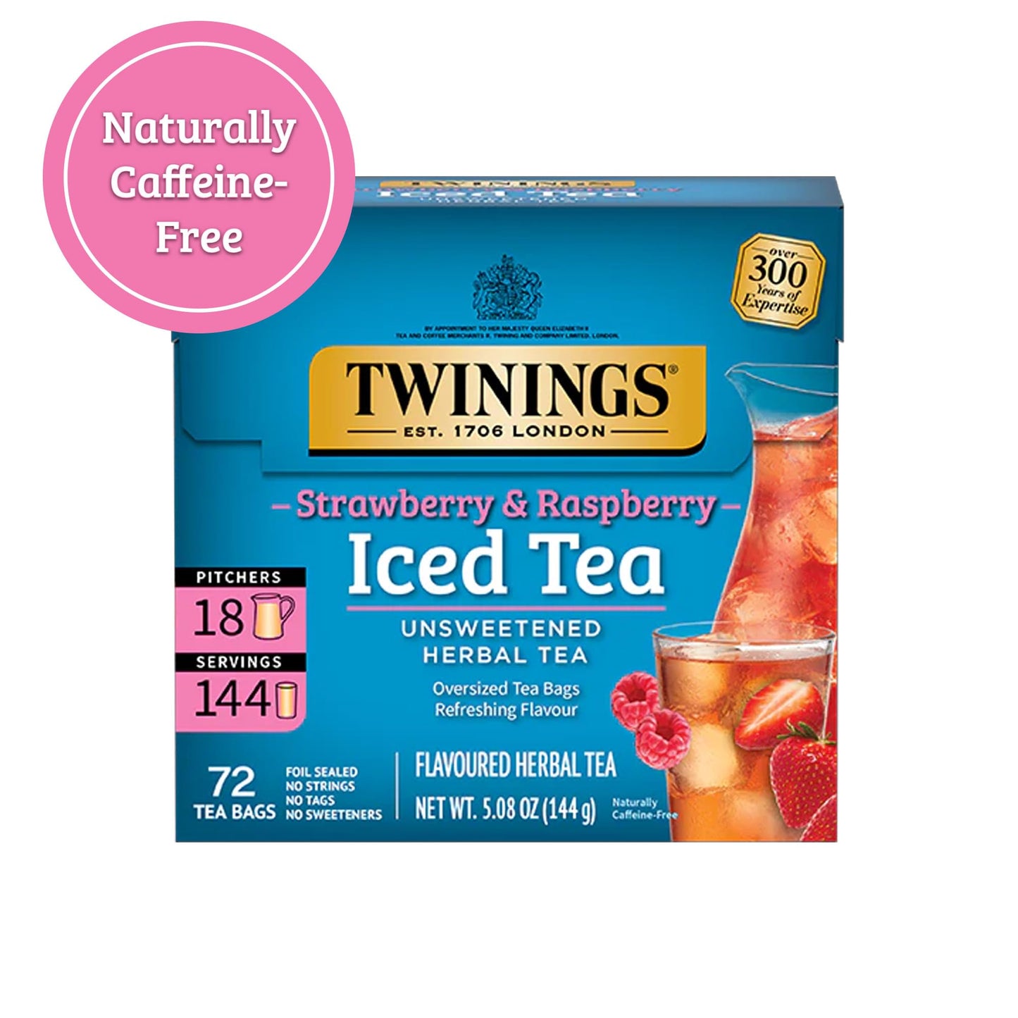 Twinings Herbal Iced Tea, Strawberry & Raspberry, 72 Oversized Tea Bags, Unsweetened, Naturally Caffeine-Free, 72 Count