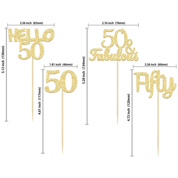 Gyufise 24Pcs Gold Glitter 50Th Birthday Cupcake Toppers 50 & Fabulous Cake Decorations Hello 50 Fifty Cupcake Picks 50Th Birthd