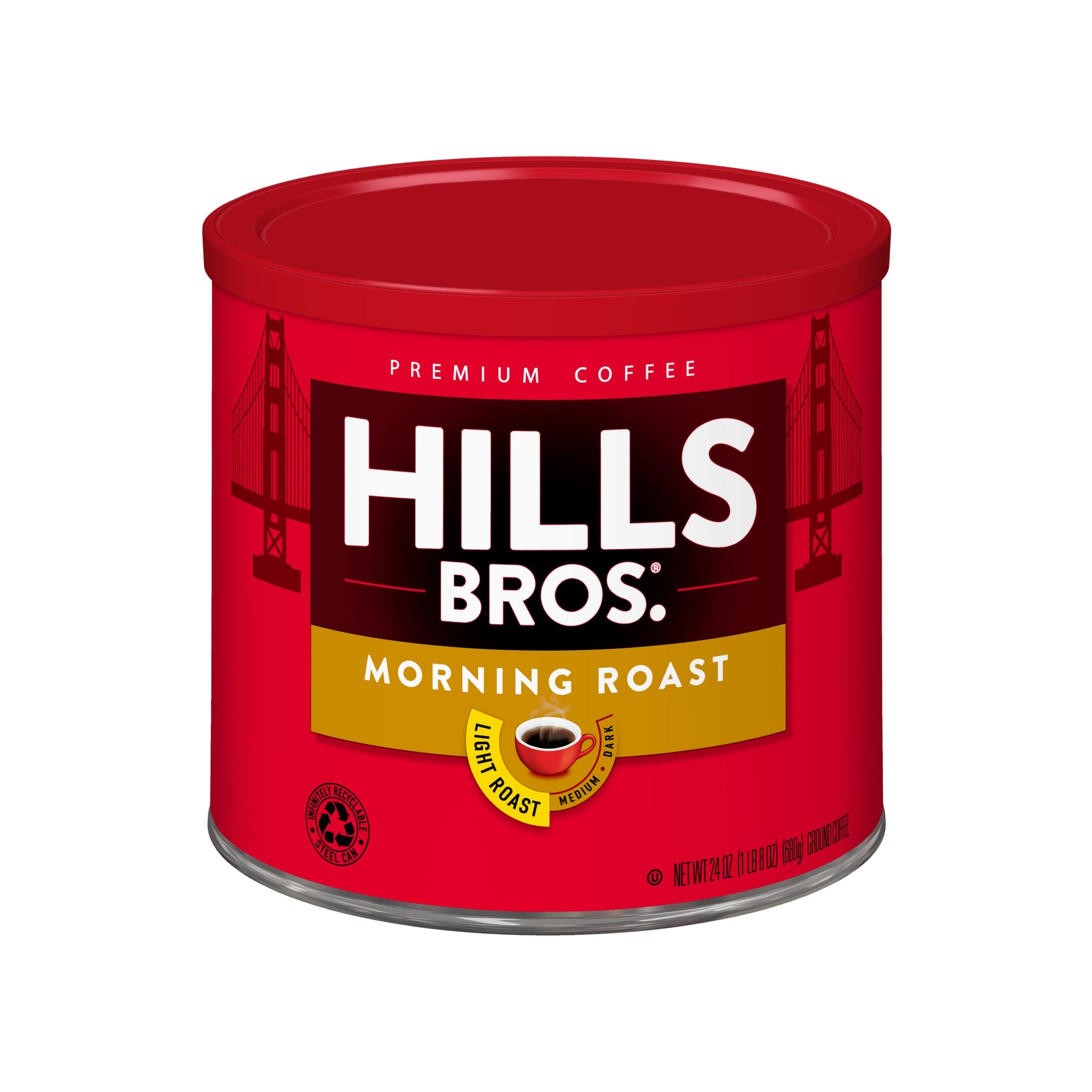 Hills Bros. Morning Roast Ground Coffee, Premium Arabica, Light Roast, 24 OZ Can, Certified Kosher