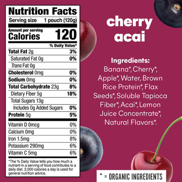 Noka Superfood Fruit Smoothie Pouches, Cherry Acai, Healthy Snacks with Flax Seed, Plant Protein and Prebiotic Fiber, Vegan and