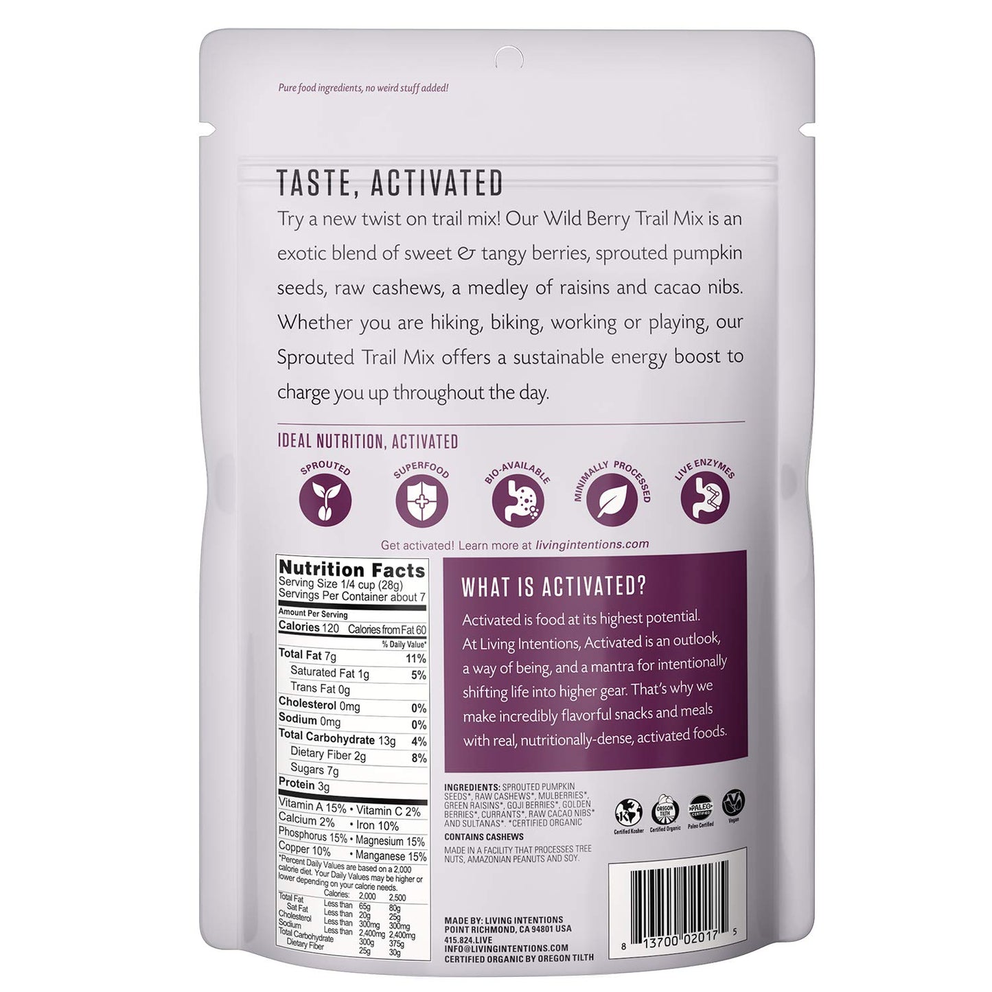 Living Intentions Organic Wild Berry Trail Mix – Nongmo – Gluten Free – Vegan – Paleo - 7 Oz