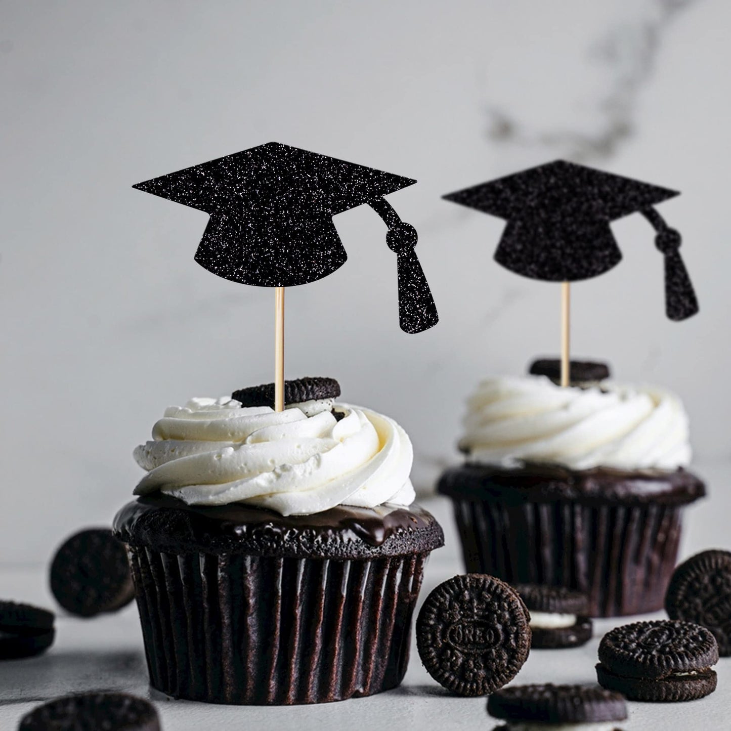 Leetaivie 24Pcs Graduation Cupcake Topper - Black Glitter Graduation Cap Graduation Diploma Cupcake Topper- Class Of 2025 Gradua