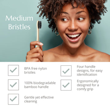 Wild & Stone | Medium Bristle Organic Bamboo Toothbrush | Four Handle Patterns | Medium Fibre Bristles | 100% Biodegradable Hand