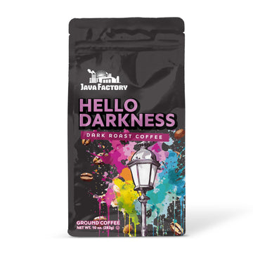 Java Factory Hello Darkness Flavored Ground Coffee Bag - Extra Bold Dark Roast Brew, Made with 100% Arabica Beans, 10 Oz